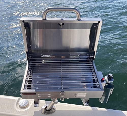 Boat Grill with Mount - Portable Propane Gas BBQ - Grills Secure into Rod Holder | Adjustable Legs for Table Top Use | Stainless Steel Marine Stove -Great Outdoor Barbecue