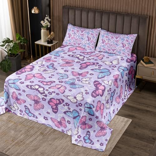 Feelyou Butterfly Bedspread King Size Purple Boho Coverlet Set Floral Pattern Quilt Set Butterflies Print Bedding Collection for Boys Girls Kids Adults