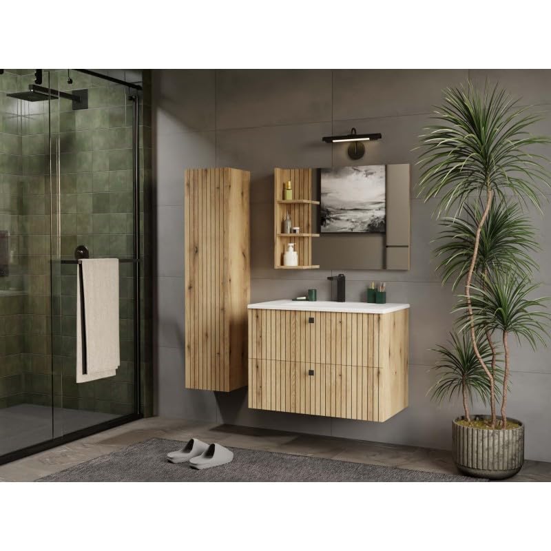 Meuble sous-lavabo suspendu CDF avec 2 tiroirs, meubles de salle de bain avec façades à lamelles et poignées – Rangement pour accessoires de bain, cosmétiques, serviettes – Design moderne Tigo 802S