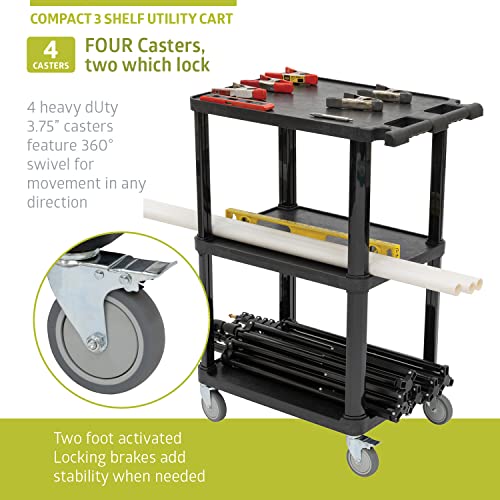 Image of Pearington 3-Tier Compact Multi-Purpose Plastic Utility Cart with Lockable Wheels up to 300LBS, Black