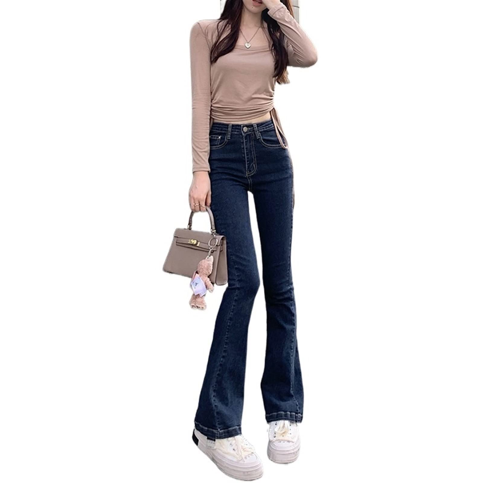 ZAFONI Summer Pants Women, Stretchy Vintage High Waist Women Skinny Straight Jeans Sense of Design Streetwear Mom Denim Trouser Flare Pants (Color : Hortel�, Size : S)