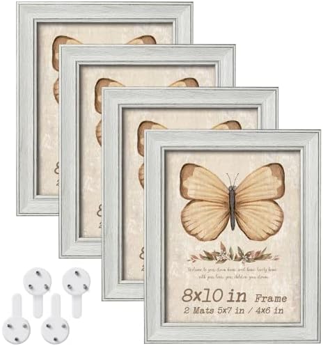 8x10 Real Glass Picture Frame Set of 4 With 2 Mats, 4x6 and 5x7 with Mat or 8x10 without Mat for Wall Hanging or Tabletop Display Retro Rustic Farmhouse Matted Bulk Photo Frame Home Office Decor