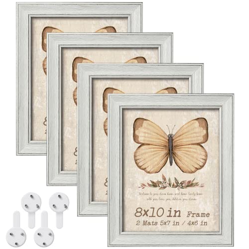 8X10 Real Glass Picture Frame Set Of 4 With 2 Mats, 4X6 And 5X7 With Mat Or 8X10 Without Mat For Wall Hanging Or Tabletop Display Retro Rustic Farmhouse Matted Bulk Photo Frame Home Office Decor #TOP24