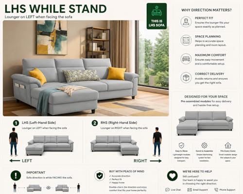 Image of Casaliving Seams LHS 6 Seater L Shape Sofa Set for Living Room (Cream Colour Fabric) Premium Fabric Sofa Set