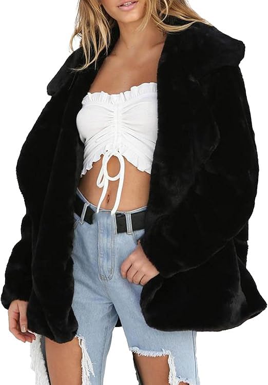 Women's Lapel Open Front Warm Faux Fur Jacket Coats Long Sleeve Fleece Cardigan Jackets Overcoat with Pockets