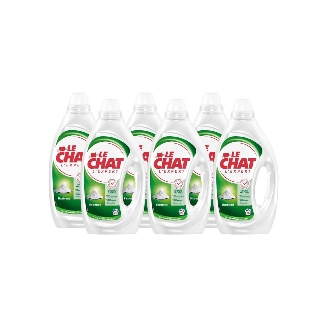 Le Chat, Lessive liquide, l'Expert Bicarbonate, la proprete formulee avec soin, efficacite anti-taches, sans conservateurs (MIT), Parfum Hypoallergenique, efficace a froid, 6x26 lavages