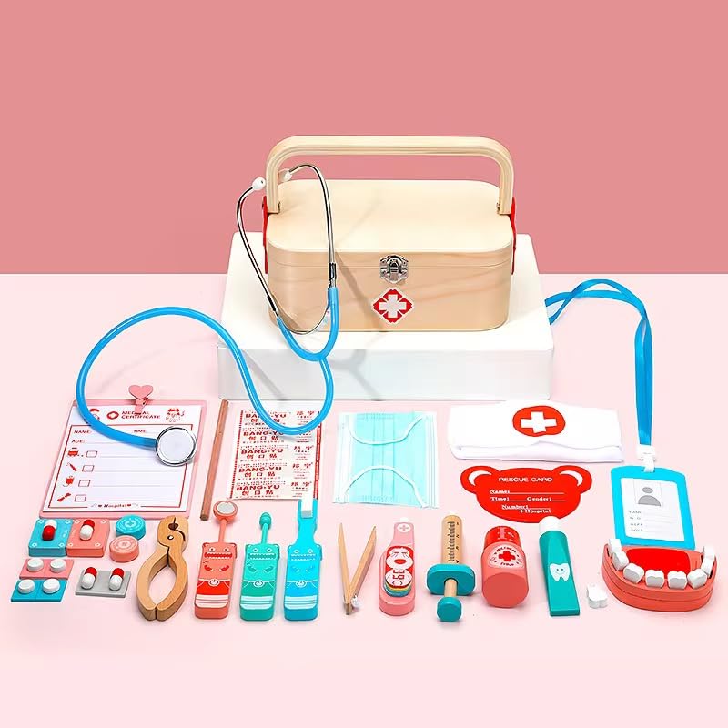 Image of Doctor Kit for Kids Wooden Dentist Set with Working Stethoscope Doctor Playset Pretend Play Doctors Set for Children, Kids Role Play Toys, Storage Doctor kit (Doctor Box Playset)
