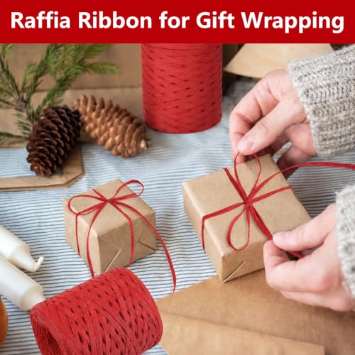Image of BEVTEE 436 Yards Raffia Yarn for Crochet, Ribbons for Crafts,Red | Paper Ribbon for Wrapping Christmas Crafts DIY Decoration, Easy to Tie, Perfect for Basket Weaving Supplies