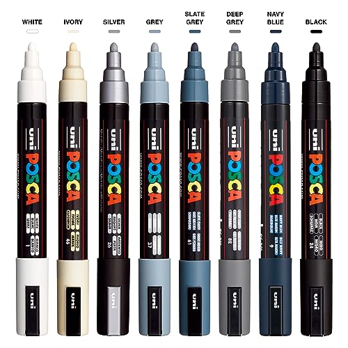 Image of posca Markers Set, 8 Medium Paint Markers 5M - Mono Tone - White, Ivory, Silver, Grey, Navy Blue, Black