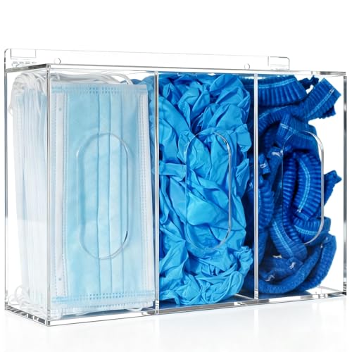 KOEMEHR Redecilla para el pelo y cubrezapatos, dispensador de 3 compartimentos, dispensador de mascarillas, guantes, soporte de pared con tapa, caja de almacenamiento de acrílico, para máscaras