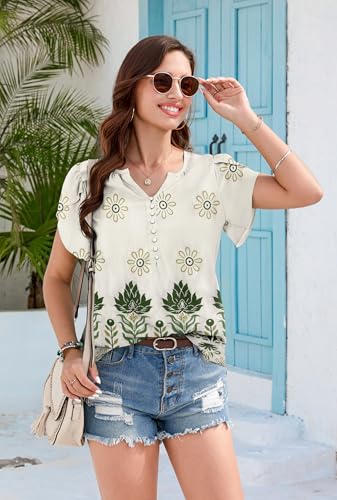 GUNEST Boho Short Sleeve Blouses for Women Summer Casual V Neck Beach Vacation Tops Loose Fit Button Shirts Green Print XXL — view 5
