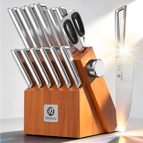Image of imarku High Carbon Stainless Steel Gyutou Knife Set with Block, Precision-Forged Razor Sharp 10-15 Edge, Ergonomic Non-Slip Handle, Built-in Sharpener, Brown, Best Gift Choice, Cooking Enthusiasts