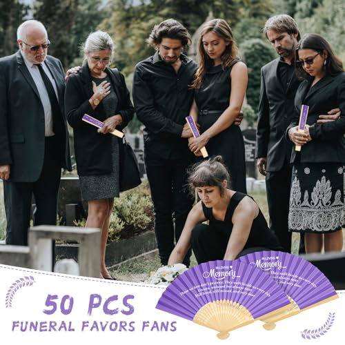 Image of Threehoney 50 Pack Funeral Favors for Guests in Loving Memory Handheld Fans Paper Folding Hand Fan Bulk Funeral Gifts for Services Condolence Sympathy Accessories (Purple)