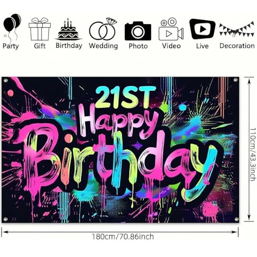 Image of HOMETITUTE Neon 21st Happy Birthday Banner 71x43 Inch Paint Splatter Glow in The Dark Party Backdrop Colorful Wall Decor for Adults Boys Girls Twenty First Birthday Celebrations Props Event Supplies
