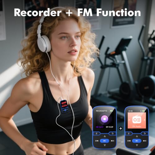 Image of 64GB MP3 Player with Clip Bluetooth 5.3 Portable Music Player for Kids with FM Radio, Pedometer, Voice Recorder, Shuffle and Repeat, Weighs Only 28g for Sport and Running, TF Card Up to 128G(Blue)