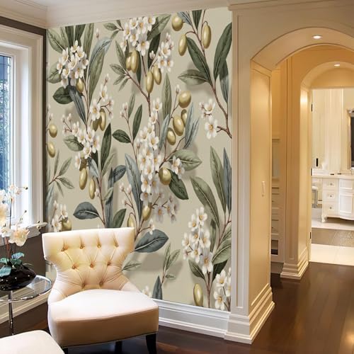 Papier peint intissé branches d'olivier citron vert olive 150x105