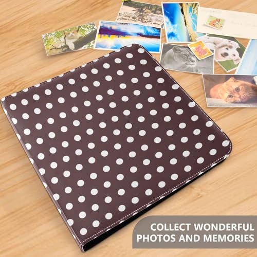 Álbum de fotos con adhesivo auto adhesivo, diseño DIY con puntos, cubierta de cuero PU marrón y blanco, anillado de 3 argollas, 40 páginas, tamaño 11.8 x 11.2 pulgadas miniatura 5