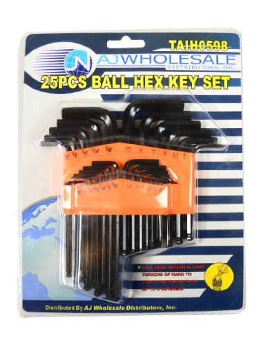 25 Piece Set of Allen Wrench Hex Key w/Ball Hex Side for Hard Angle Jobs (SAE and Metric)
