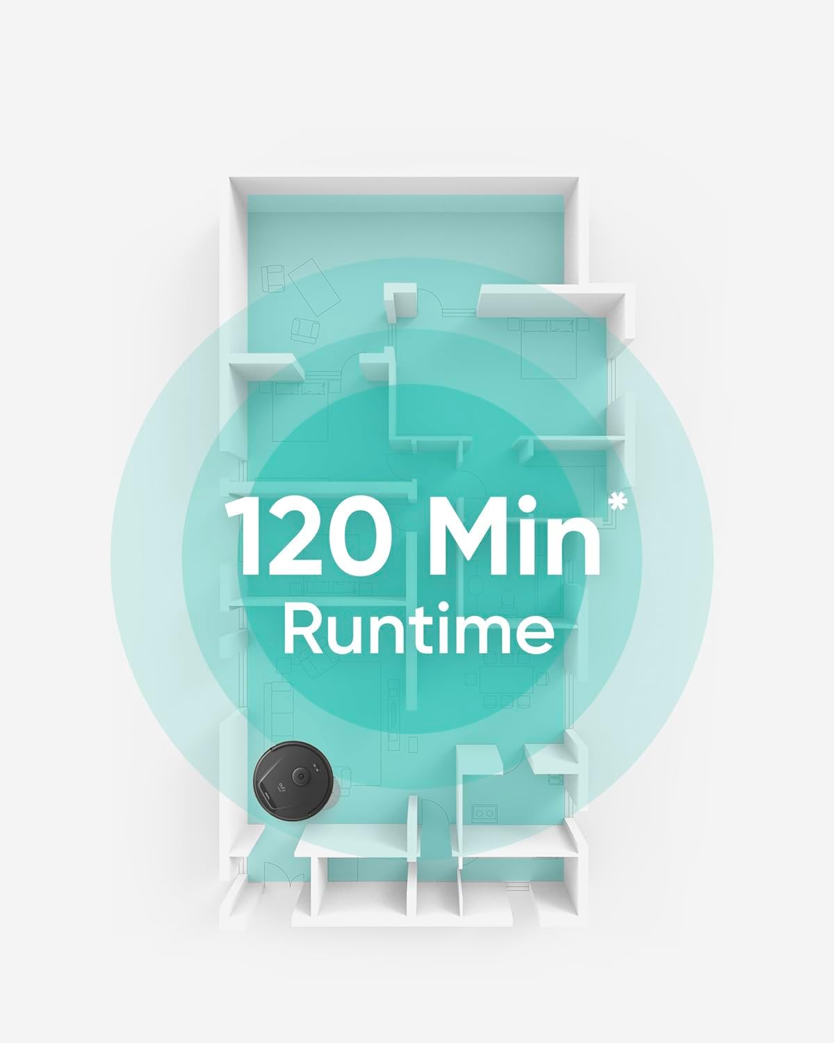 Diagram showing a eufy RoboVac L60 Hybrid cleaning a large area, indicating a 120-minute runtime.