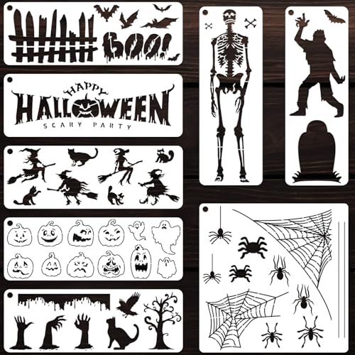 NUVCELKA Halloween Stencils 8 Pack 10.8x3 9x9 Inch Spooky Templates for Painting Borders Banners Wood Signs Scary Party Decorations