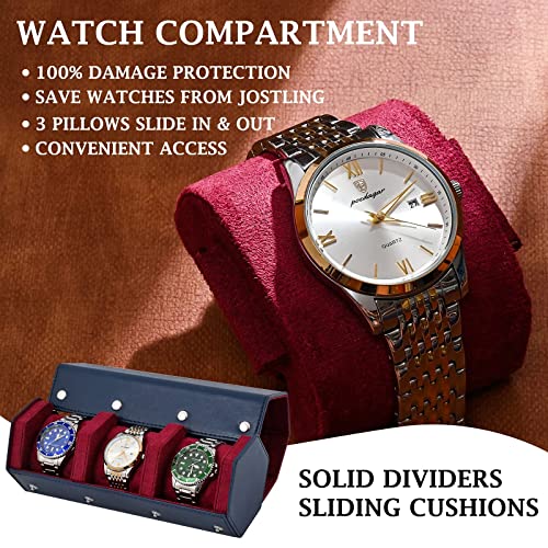 ROSELLE Luxury Leather Watch Roll Travel Case for Men and Women,Travel Watch Case Holds 3 Watches Storage & Display,Designed for steel watch bands &leather metal rubber and bracelets