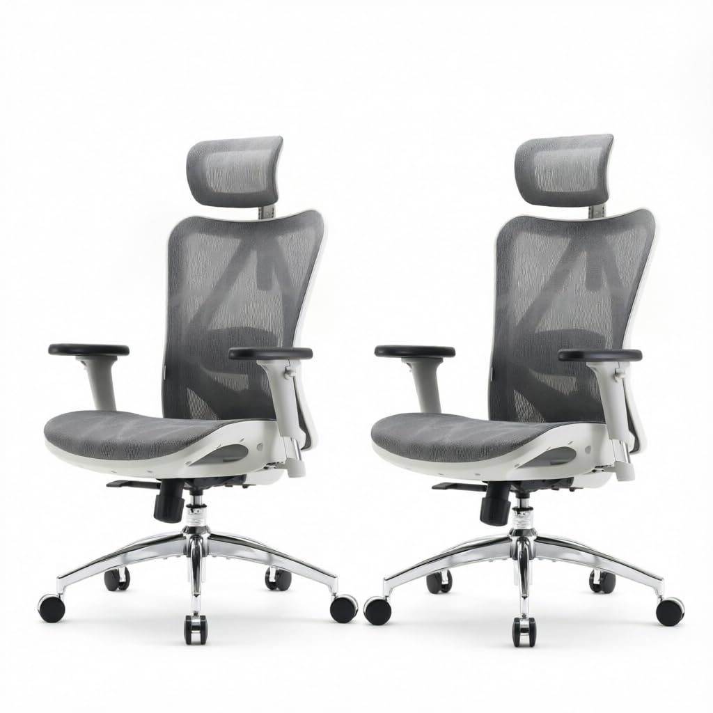 SIHOO M57 Ergonomic Mesh Office Chair, High Back Home Desk Chair with 3D Armrests, Lumbar Support and Adjustable Headrest, Comfortable Computer Chair, Hold 330 LBS-2 Packs-Light Grey