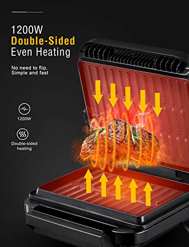 Deik Electric Indoor Grill, Smokeless Grill, Panini Press with 1200W Double-Side Heating Plates, 6-Serving, Nonstick Easy Clean Plates, Includes Grill Spatula & Extra-Large Drip Tray, Black