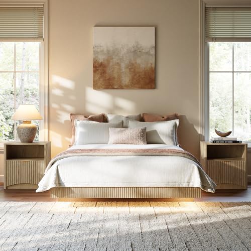 Image of Evermagin Oak Queen Floating Bed Frame with led Lights, Fluted 14In High Platform Bed No Headboard, Heavy Duty Mid Century Modern Float Metal Bedframe, No Box Spring Needed (Oak, Queen-14in high)