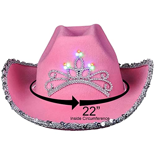 ArtCreativity Light-Up Pink Cowboy Hat - Sparkly Costume Hat with Sequins, LED Tiara, and Multi-Color Light Show - Perfect for Girls' Birthday Parties and Cowgirl Themed Events - Small/Medium, Pink3