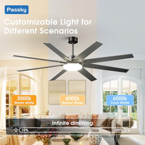 Image of 72 inch Ceiling Fans with Lights, Large Modern Ceiling Fan with Light and Remote Control, Reversible, 3CCT, Dimmable, Quiet, Black Ceiling fan For Bedroom, Living Room, Patio Farmhouse, Indoor /Outdoor