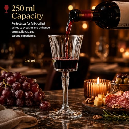 Image of bellemax 250ml Premium Long Stem Wine Glasses, Crystal Clear Glass Wine Goblets for Red Wine, White Wine, Champagne, Cocktail, Party, Home, Bar & Restaurant Use (Set of 6)