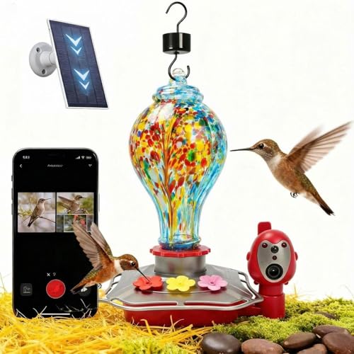 Hummingbird Feeder with Camera Smart Glass Humming Bird Feeder Camera Solar Powered AI Identify and Instant Notifications 2K Live View Leak-Proof Ant & Bee Proof