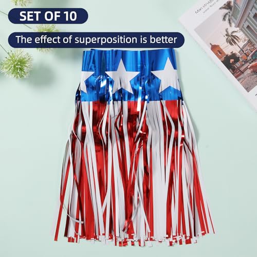 Image of 4th of July Decorations 10 Pack 10 Feet Foil Fringe Garland Tinsel Streamers Red White and Blue Star American Flag Banner Table Skirts for Parade Floats Memorial Day Patriotic Party (100 FT)