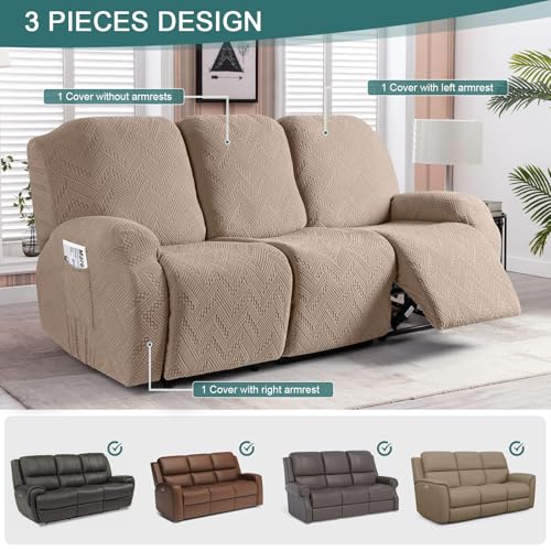 Image of Ruaozz Recliner Sofa Covers Recliner Chair Covers Couch Covers for Reclining Couches with Pockets Washable Furniture Protector with Elastic Bottom (3 Seater, Khaki)
