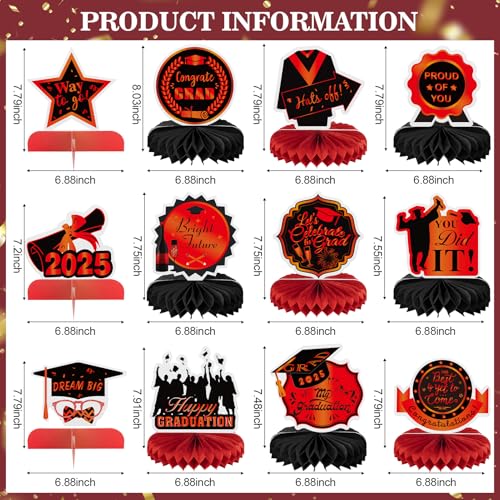 Image of 12PCS Graduation Decorations Class of 2025, Congrats Grad Table Centerpieces Graduation Honeycomb Centerpieces Grad Party Centerpieces 2025 Graduation Decorations for Party, Red