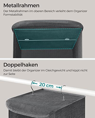 SONGMICS RCH005G02 Kleiderschrank-Hängesack, Faltbare platzsparende Hängetasche mit Metallhaken, Bambusverstärkung, Leinenmuster, Grau, 2 Stück