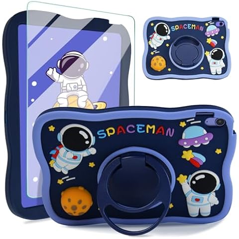 ICEELEC for iPad 10th Gen Case 2022 Kids Silicone Case with Screen Protector,Boy Cute Astronaut Cover Kawaii 3D Cartoon Moon with Rotating Stand/Shoulder Strap,Tablet Cover for iPad 10.9 Inch Cover