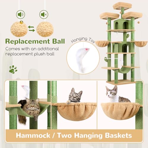 Image of Globlazer Big Cactus Cat Tower for Indoor Cats, 80inch Cat Tower for Multiple Adult Cats XXL Cat Tree with Scratching Post, Hammock, 3 Perches, 2 Condos, 2 Hanging Basket, F80, Green