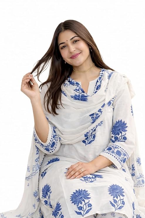 Image of Nermosa Women's Hand Block Floral Printed Straight Kurta Set with Palazzo Pants & Dupatta Ethnic Kurta Set for Casual Outings Day Events Summer Wear Festive