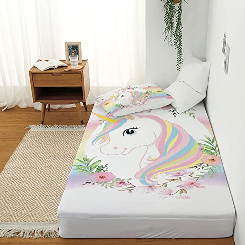 Musolei Unicorn Fitted Sheet Set Twin Girls Rainbow Star Sheet Pink Flower Bedding Set 1 Deep Pocket Fitted Sheet With 1 Pillowcases Multi-Colour Gift #TOP7