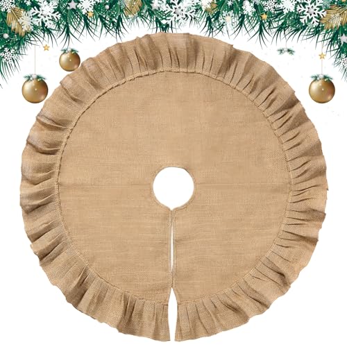 Falda de Árbol de Navidad de Otoño Falda para Decoración Rústica Navideña Falda de Árbol de Lino Diseñada con Volantes de Arpillera Collar de Funda de Árbol de Navidad para Fiesta (100 cm)