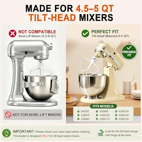 Image of Flat Beater K45B Compatible with KitchenAid 4.5-5 Qt Tilt-Head Stand Mixer | Coated, Flat Beater, Replacement K45B, White Paddle Attachment for Cookie Dough, Cake Batter and Frosting