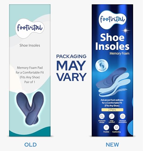 Image of Footvital Memory Foam Shoe Insoles for Men and Women | Soft Cushioned Inserts for Long Standing and Walking | Supports Heel and Arch | Shock Absorbing | Moisture Absorbing | Lightweight Washable Insoles for All Shoes | 1 Pair | Black | Size 9