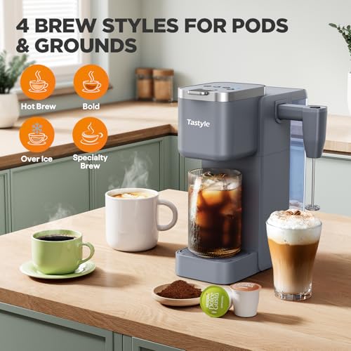 Image of Tastyle 330MF Single Serve Coffee Maker with Built-in Detachable Milk Frother, Iced and Hot Coffee Machine for K Cup & Grounds, 40oz Removable Water Reservoir, 6 Cup Sizes, Fits 7.3 inch Travel Mug, Gray