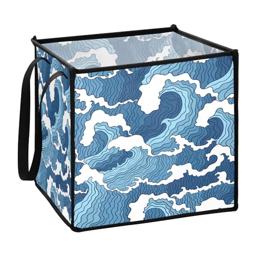 susiyo Laundry Bag with Handles Japanese Abstract Blue Ocean Waves Collapsible Dirty Clothes Baskets for Bathroom Dorm - 13inch
