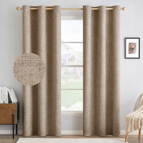 Image of MIULEE 100% Blackout Linen Textured Curtains for Bedroom Solid Thermal Insulated Copper Brown Grommet Room Darkening Curtains & Drapes Luxury Decor for Living Room 42 x 84 Inch (2 Panels)