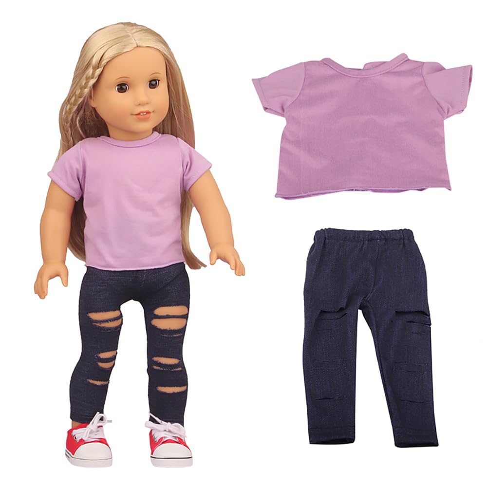 DUORUIMI Summer Doll Clothes Simple Casual T-shirt Top Ripped Jeans Pants for American Girl Doll 18 inch — image 1