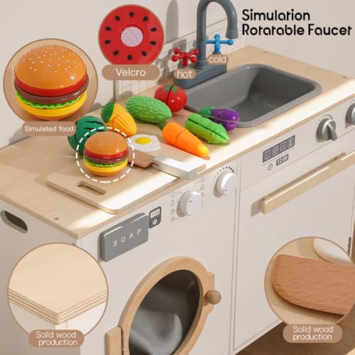 Kids Play Kitchen - Wooden Multi-Function Washing Machine for Kids Kitchen Playset - Pretend Toddlers\' Kitchen Toy Washer with Accessories - Perfect Baby Gift for Ages 3-8
