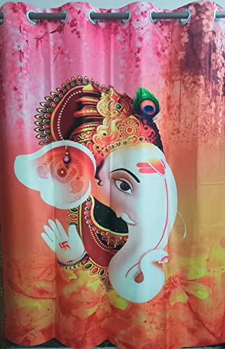 Image of 3D Digital Printed Heavy Fabric Shri Ganesha God Design Curtains for Pooja Room, Temple, Home, 4x9 feet, Set of 2 Pcs