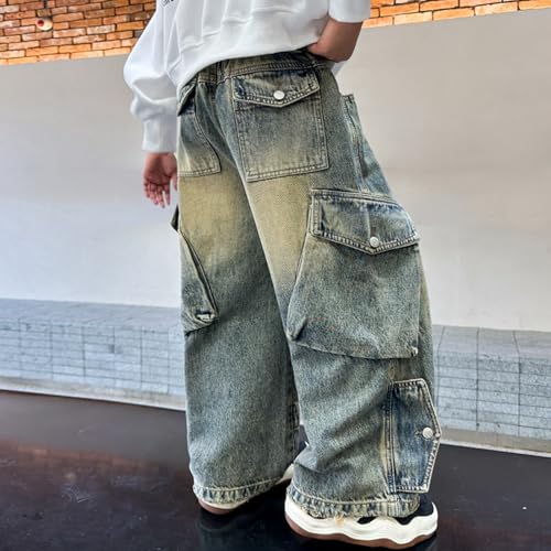 Boy's Elastic Waist Loose Cargo Pants Casual Preppy Sweatpants with Pockets Cargo Jeans for Boys2